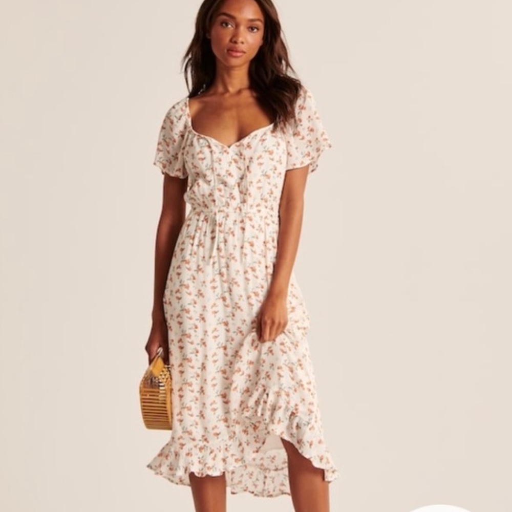 Abercrombie & Fitch Easy Waist Midi Dress in White Peach Print L